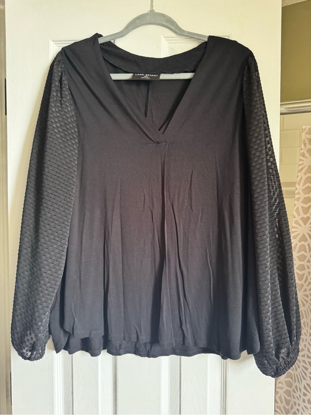 Lane Bryant Black V-Neck Blouse with Sheer Textured Balloon Sleeves
